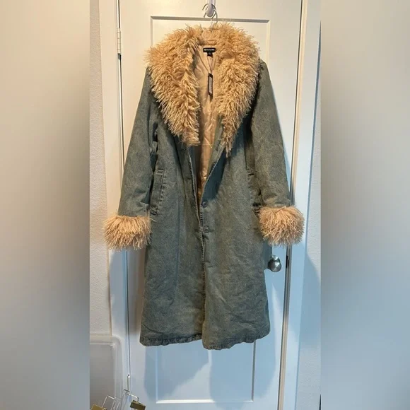 Denim Faux Fur Trim Belted Trench Coat - Picture 2 of 4